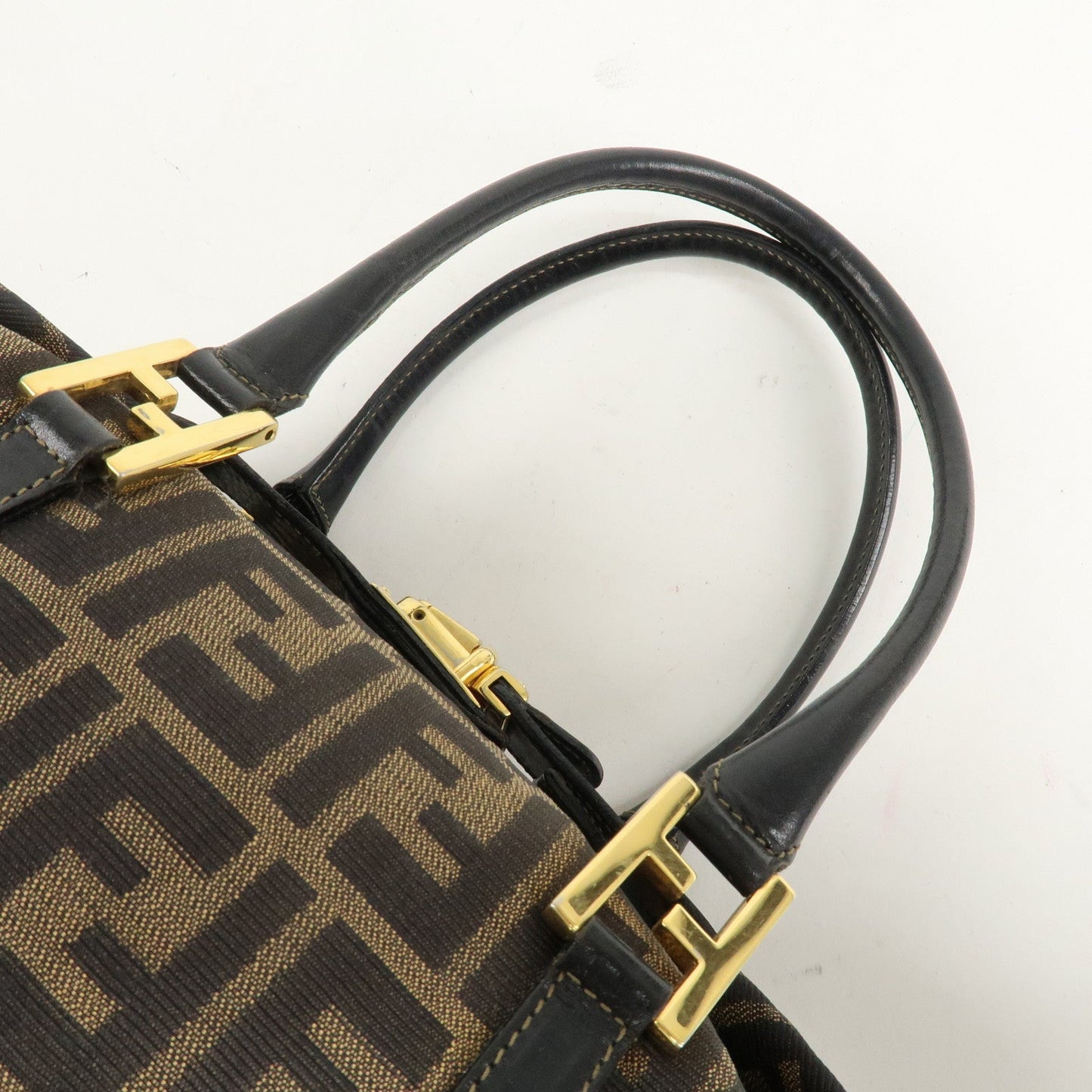 FENDI Zucca Canvas Leather Boston Bag Hand Bag Brown Black