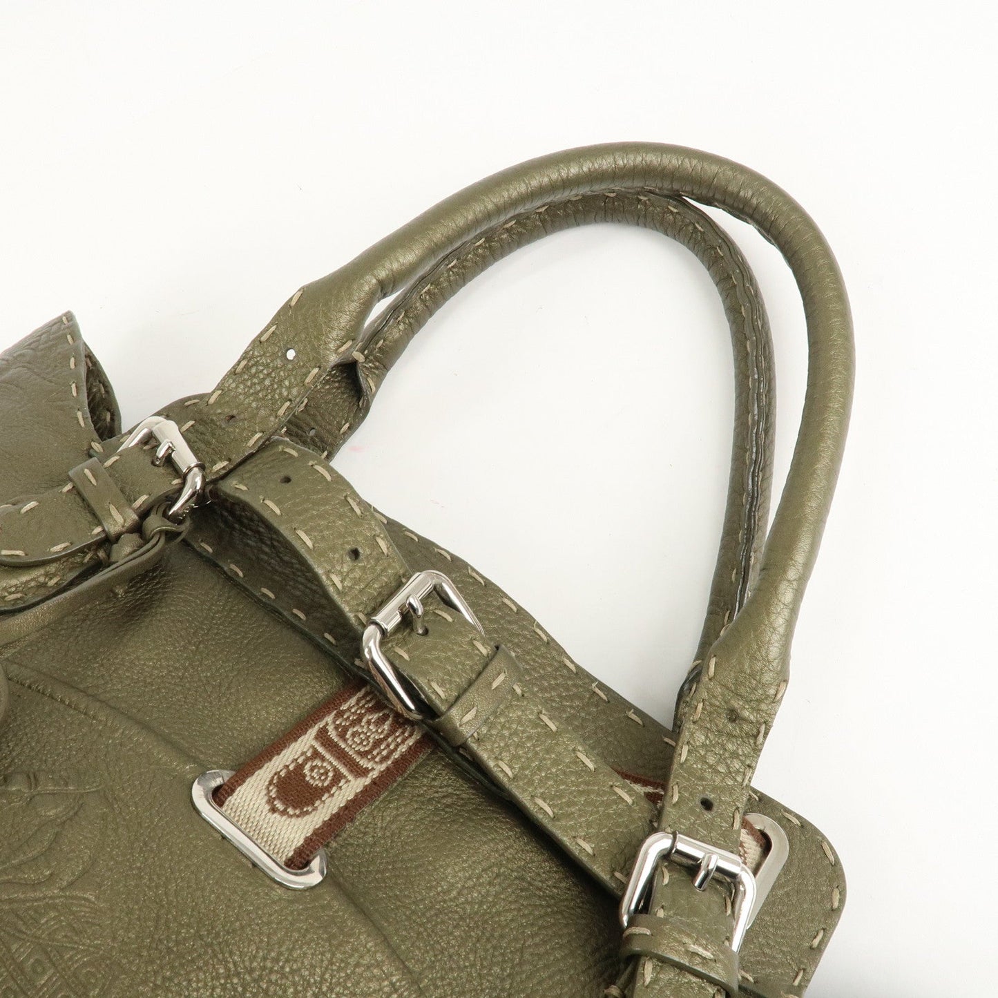 FENDI Selleria Leather Tote Bag Shoulder Bag Khaki 8BN155