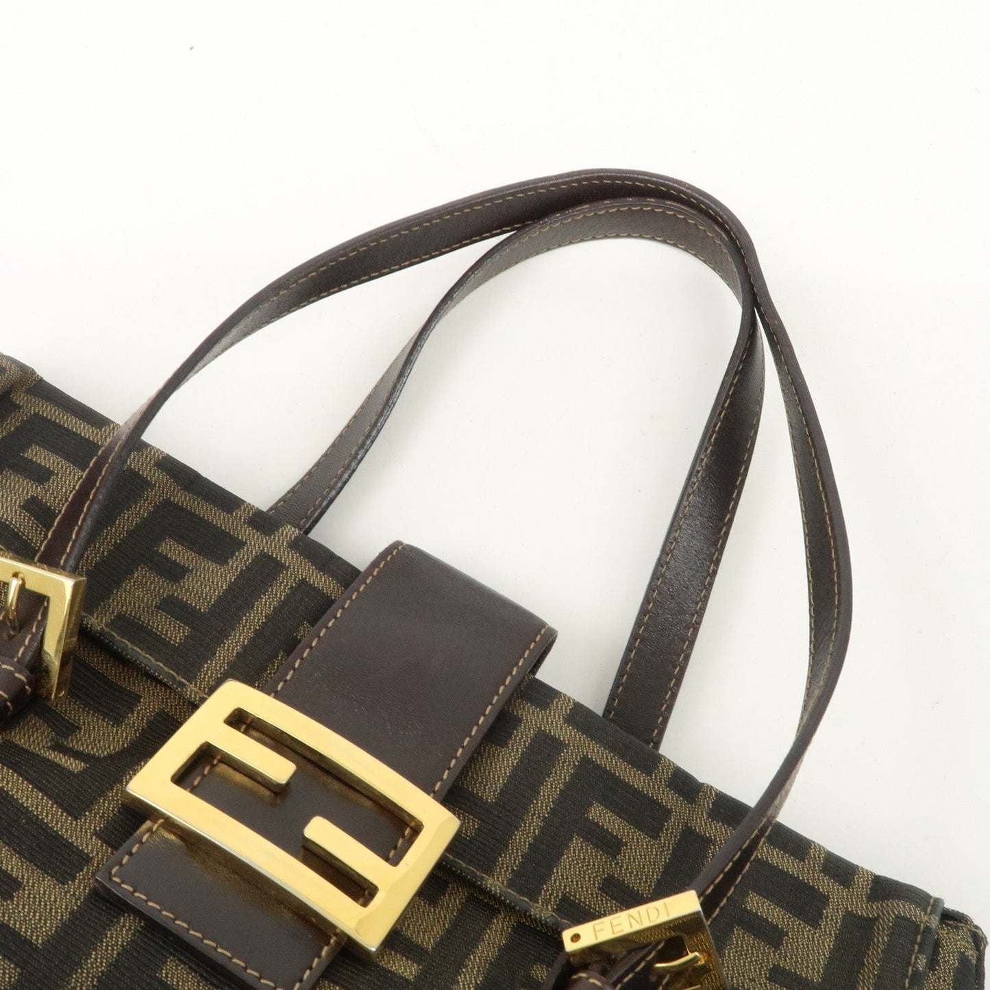 FENDI Zucca Canvas Leather Hand Bag Brown Black Gold Hardware