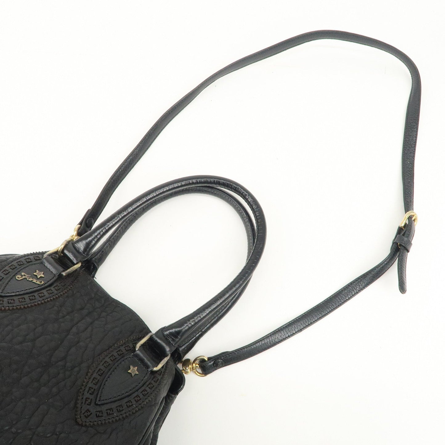 FENDI Ethnico Zucca Canvas Leather Shoulder Bag Black 8BN157