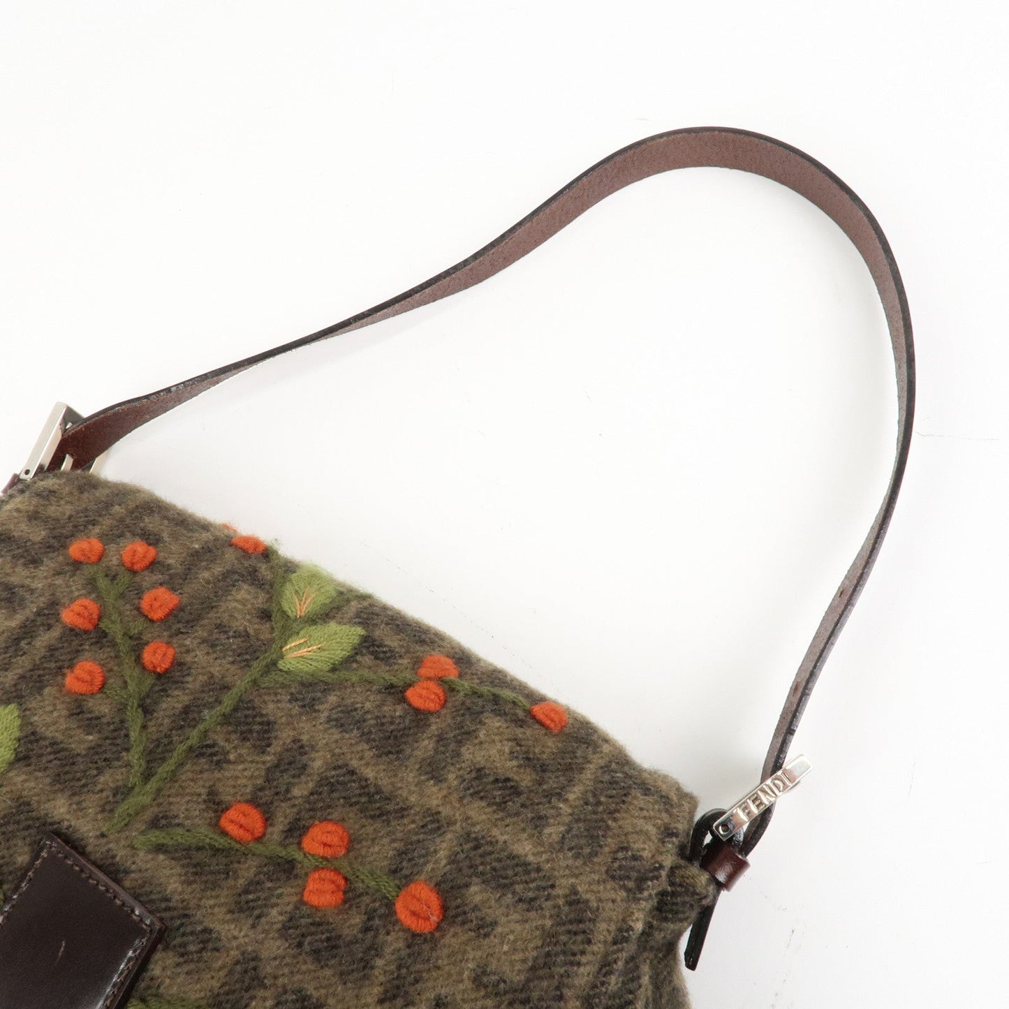 FENDI Mamma Baguette Zucca Wool Leather Shoulder Bag Flower