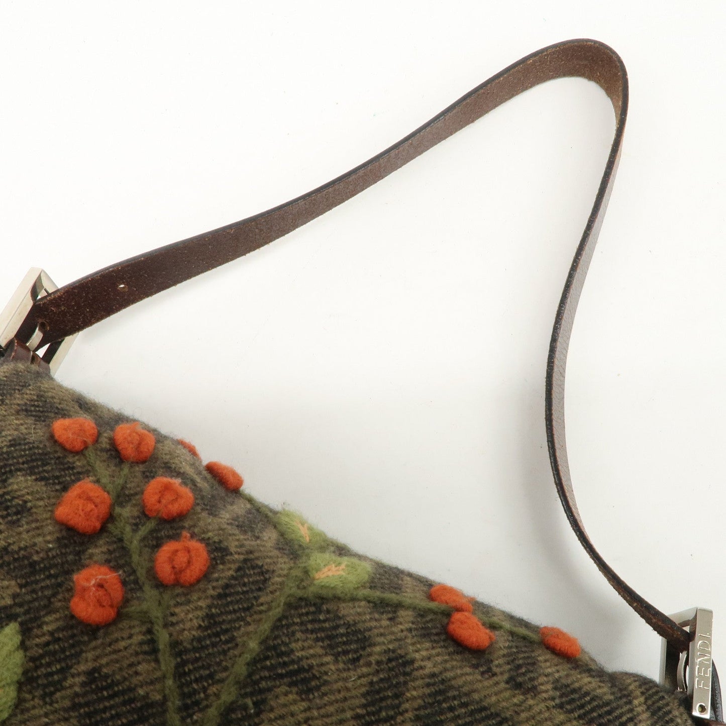 FENDI Mamma Baguette Wool Leather Shoulder Bag Tree Motif Khaki