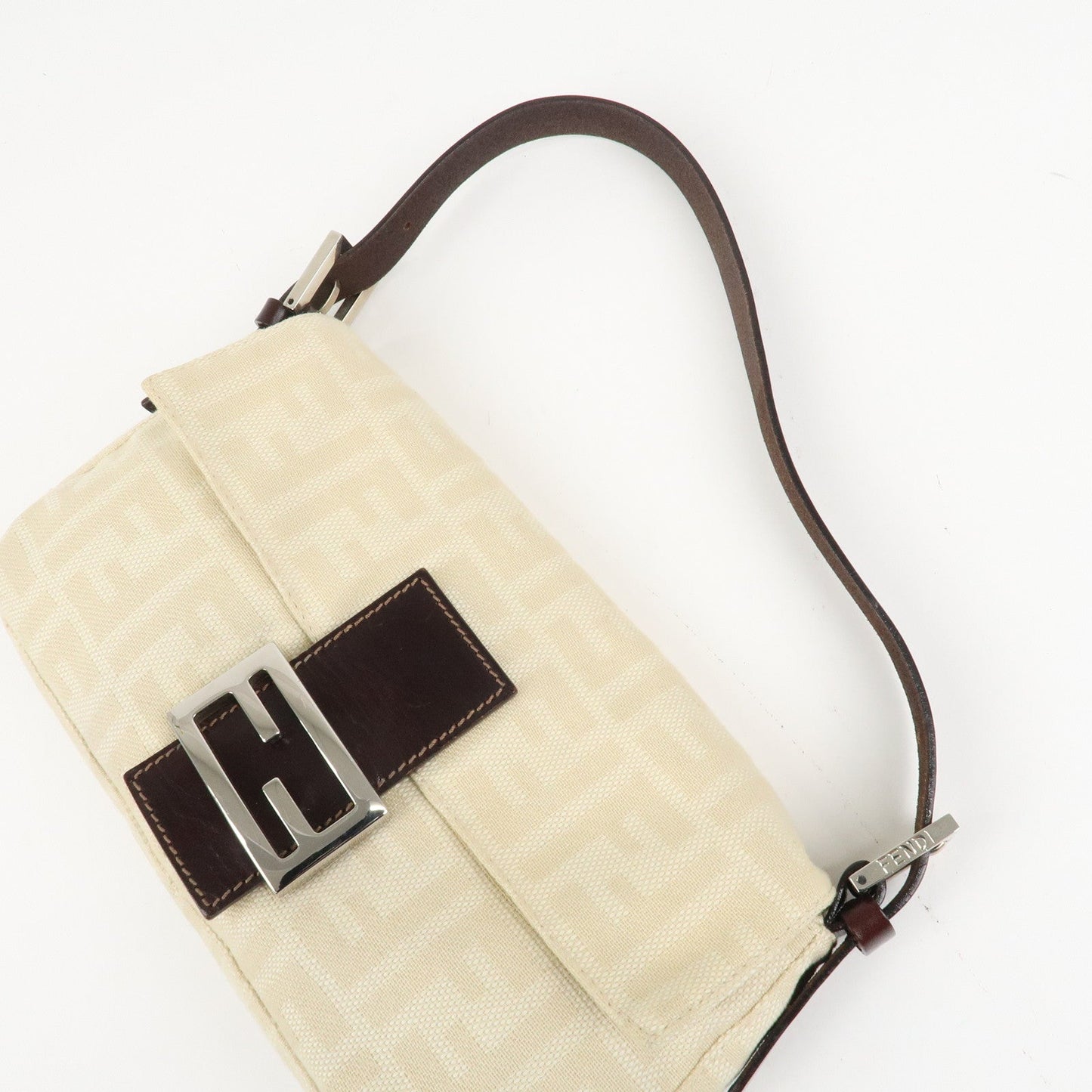 FENDI Mamma Baguette Zucca Canvas Shoulder Bag Beige White 26424