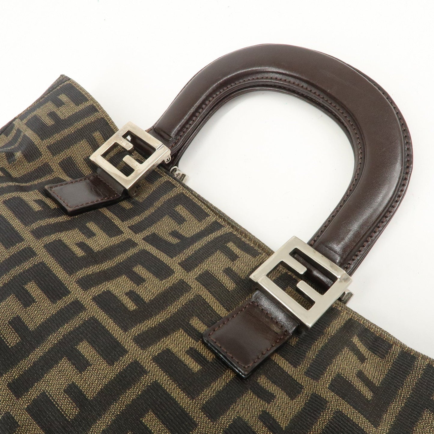 FENDI Zucca Canvas Leather Tote Bag Brown Black 26329