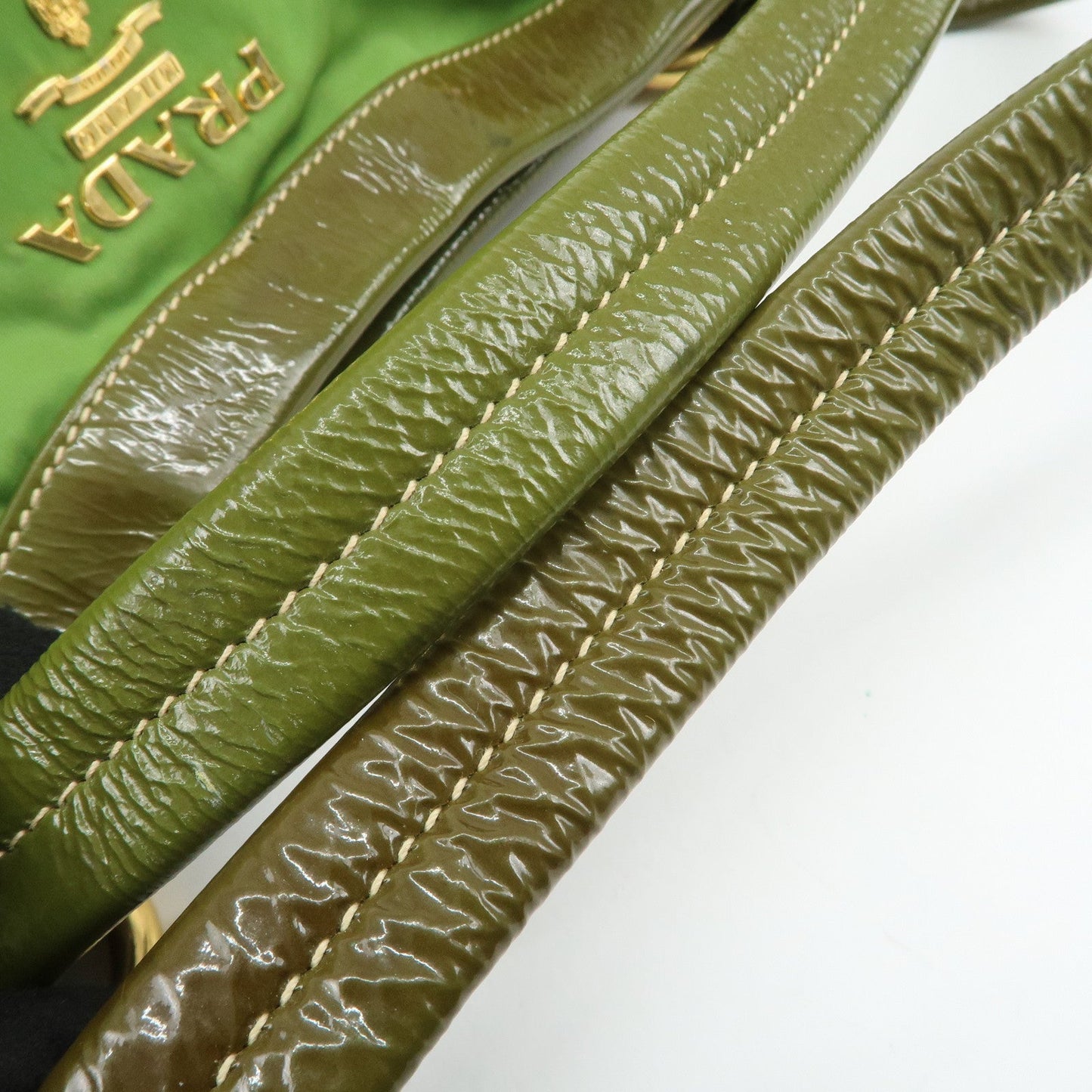 PRADA Nylon Patent Leather Tote Bag Shoulder Bag Green Khaki