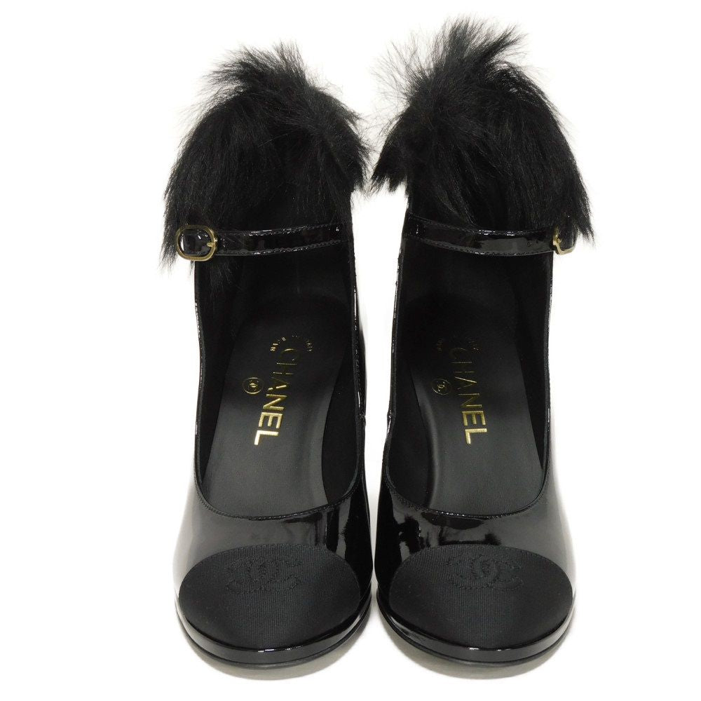 CHANEL pumps G45174 Patent leather x fur black COCO Mark Mary Jane Patent Fur 36C