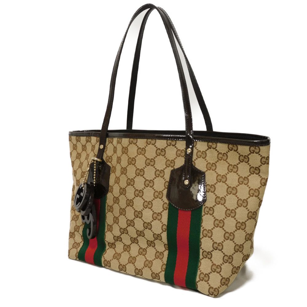 Gucci Web Stripe GG Canvas Patent Leather Tote Bag
