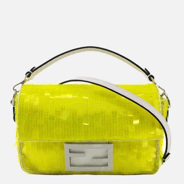 Fendi Baguette Mini Neon Lime Green Sequins Chain Strap Crossbody Bag