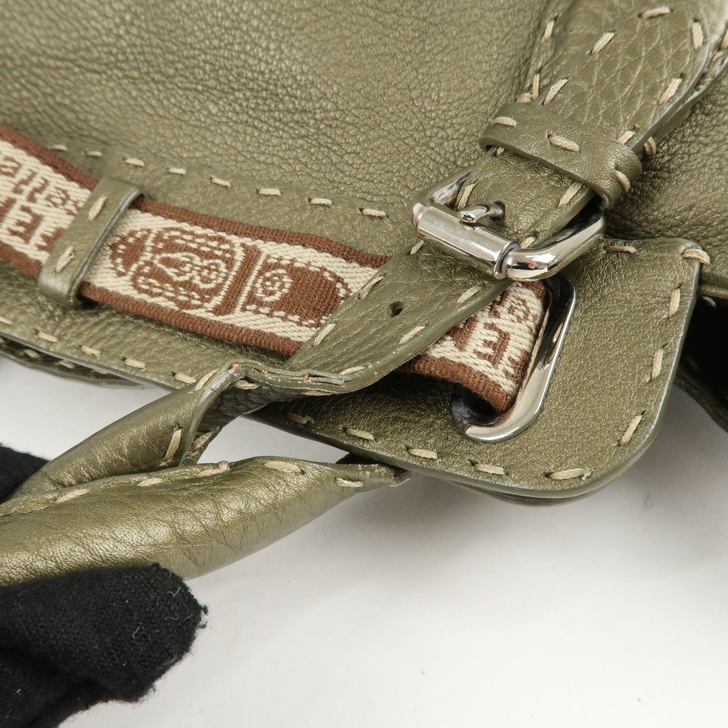 FENDI Selleria Leather Tote Bag Shoulder Bag Khaki 8BN155