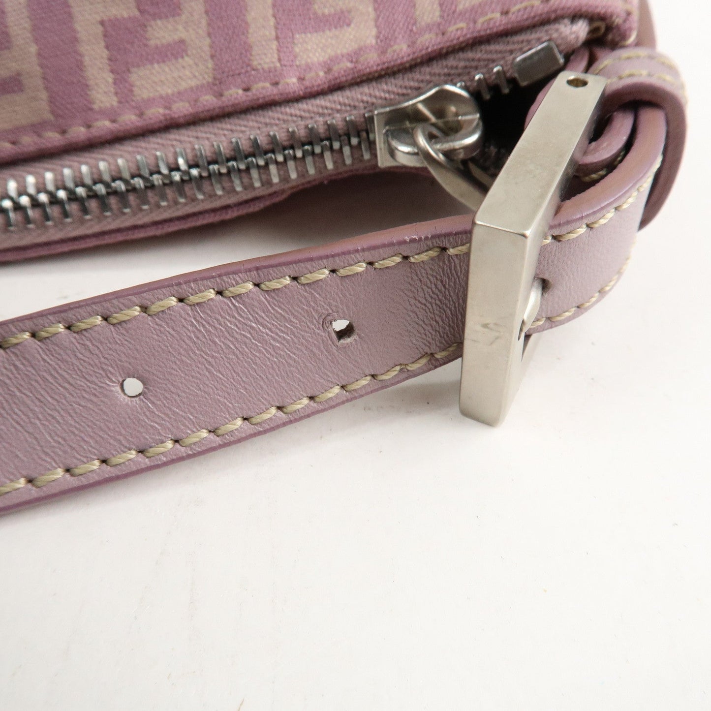 Auth FENDI  Zucchino Canvas Leather Hand Bag Pouch Purple Beige 8N0005  F/S