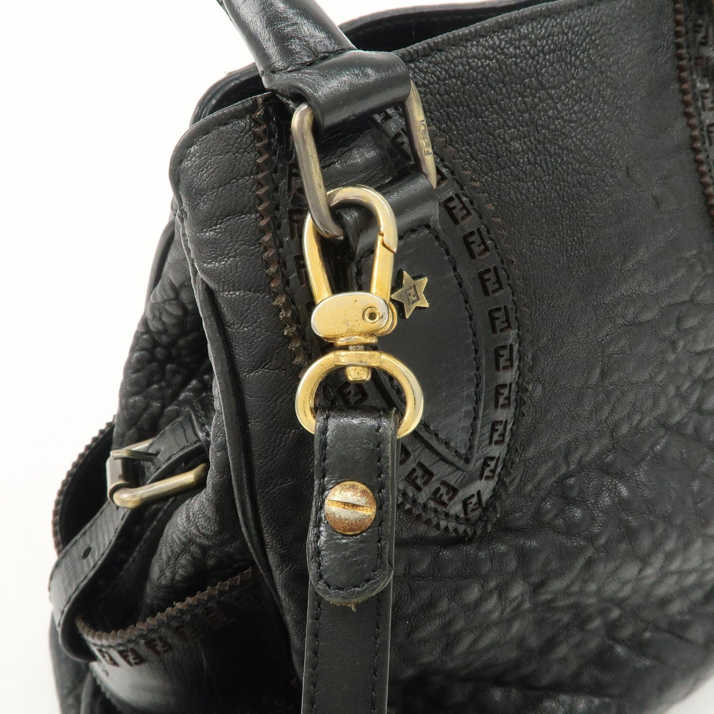 FENDI Ethnico Zucca Canvas Leather Shoulder Bag Black 8BN157