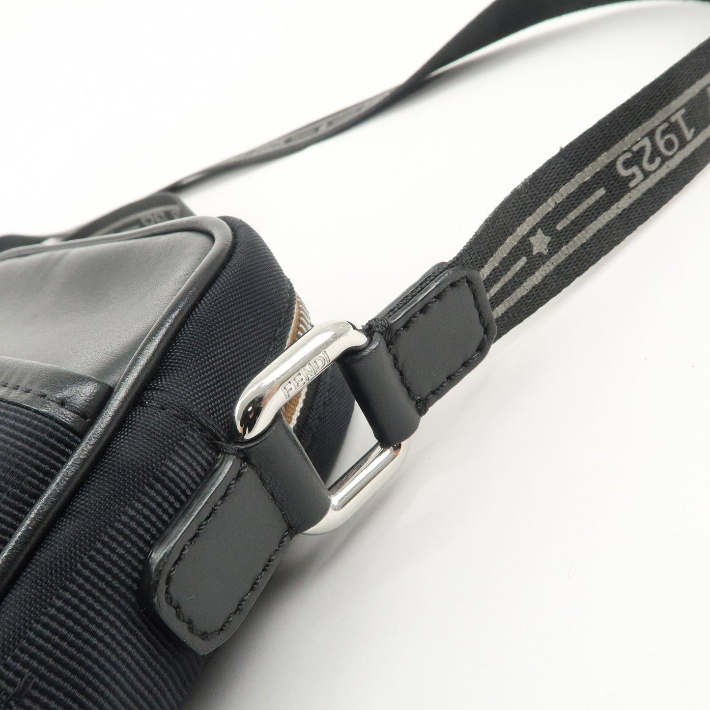 FENDI Pequin Nylon Leather Shoulder Bag Black 7VA456