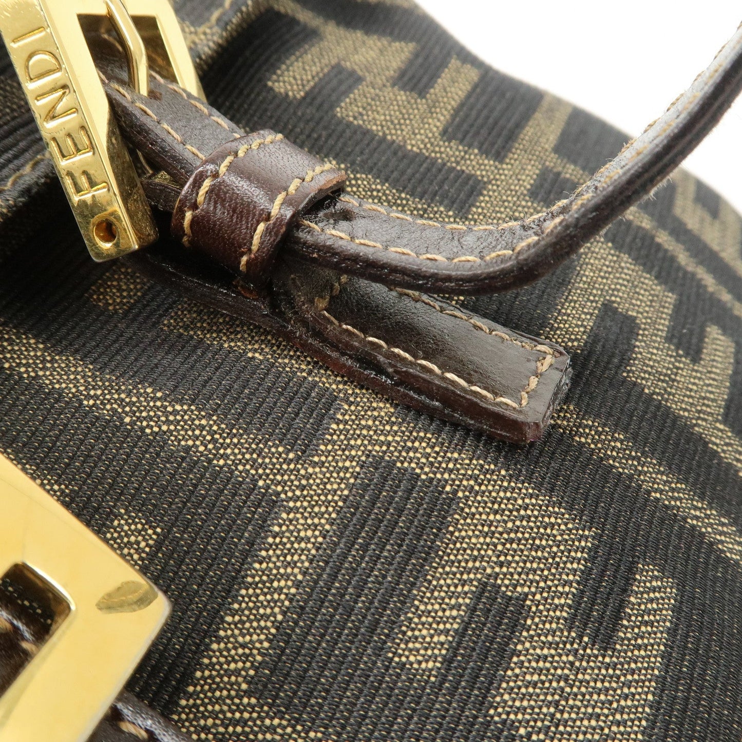 FENDI Zucca Canvas Leather Hand Bag Brown Black Gold Hardware