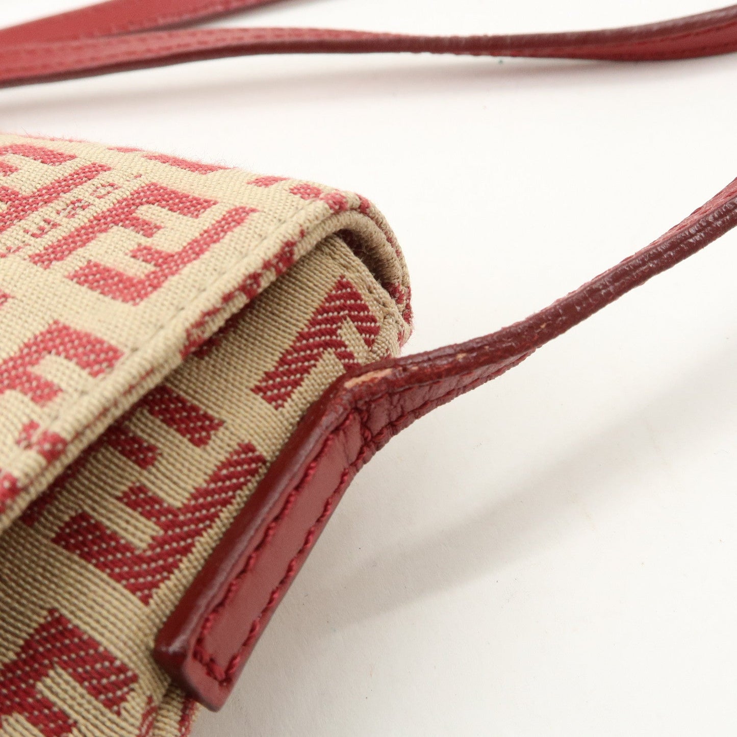 FENDI Zucchino Canvas Leather Shoulder Bag Beige Red 8BT075