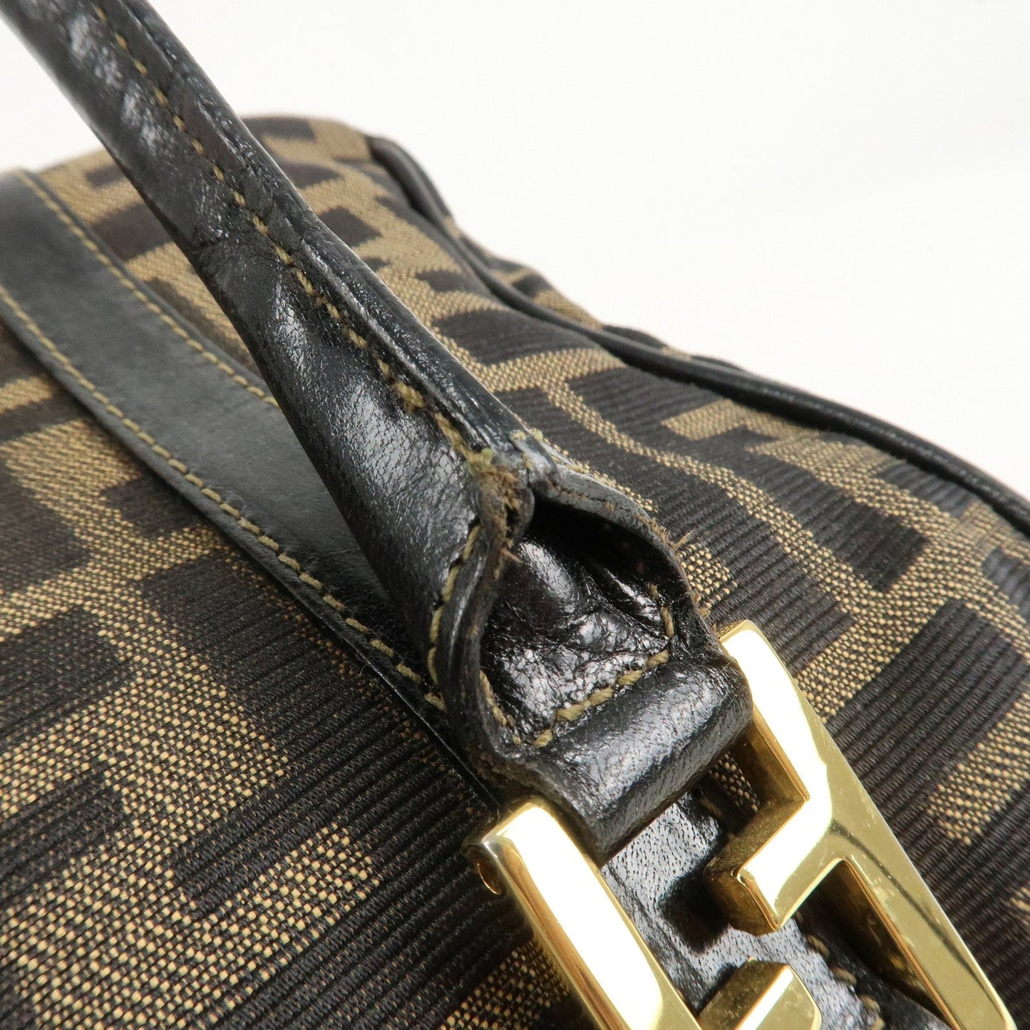 FENDI Zucca Canvas Leather Boston Bag Hand Bag Brown Black