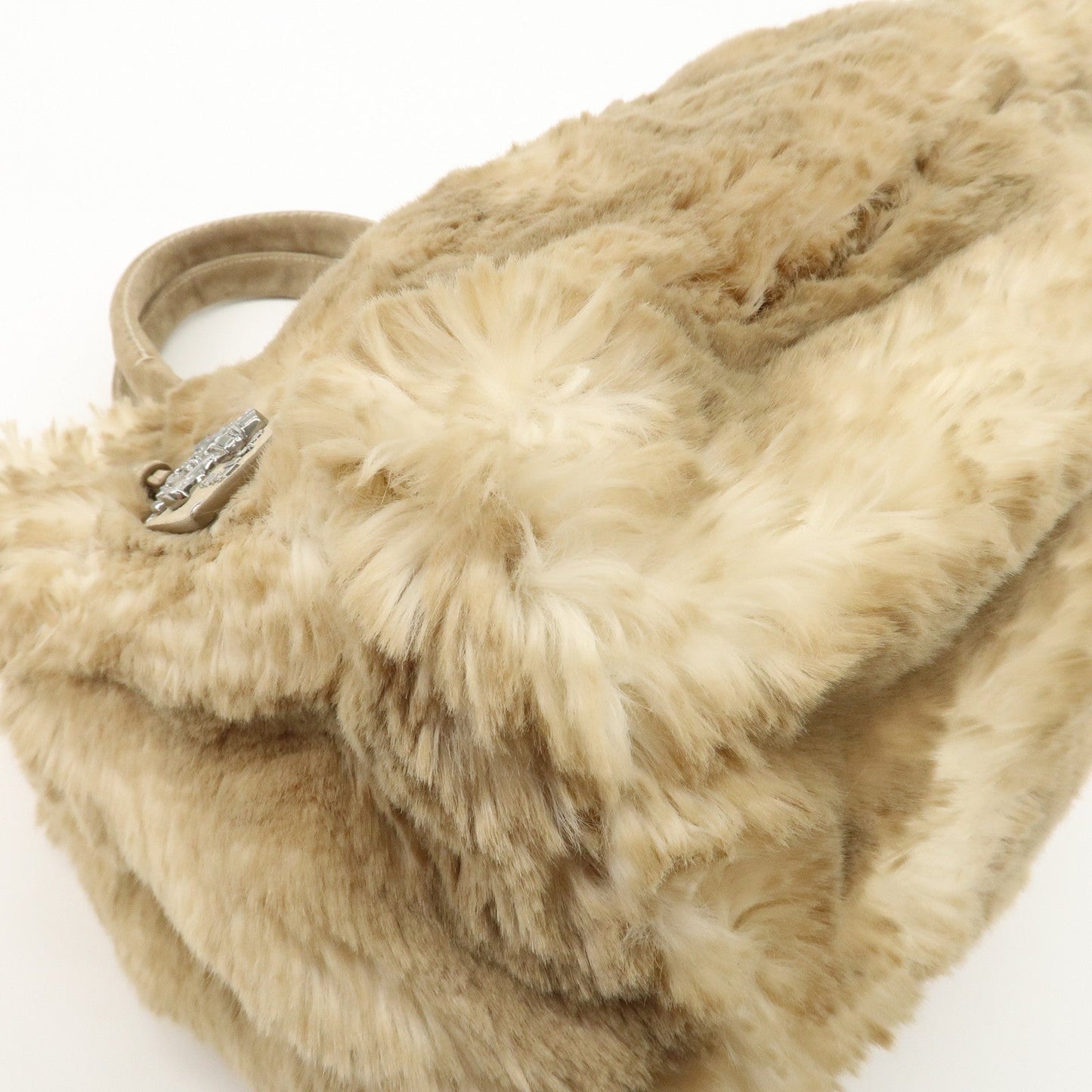 PRADA Eco Lapin Fur Suede Canapa Large Tote Bag Beige BN1918