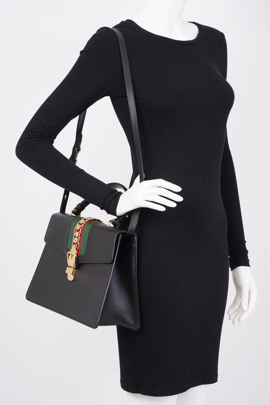 Gucci Sylvie Satchel Black / Gucci Stripe Calfskin Leather Medium