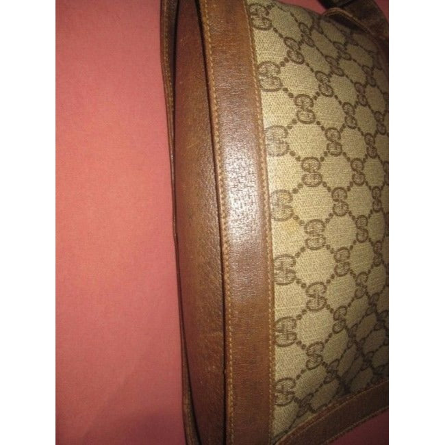Gucci Vintage Brown Leather And Large G Logo Print Coated Canvas With Red Green Stripe