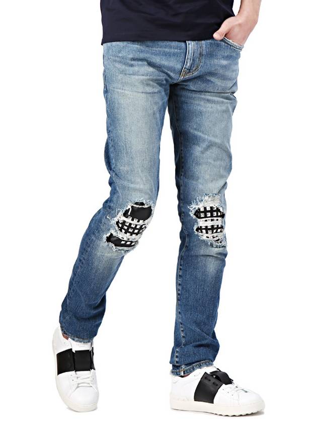 Luxury Saint Laurent Trending 2025 Men's Leather Stud Washed Jeans Blue