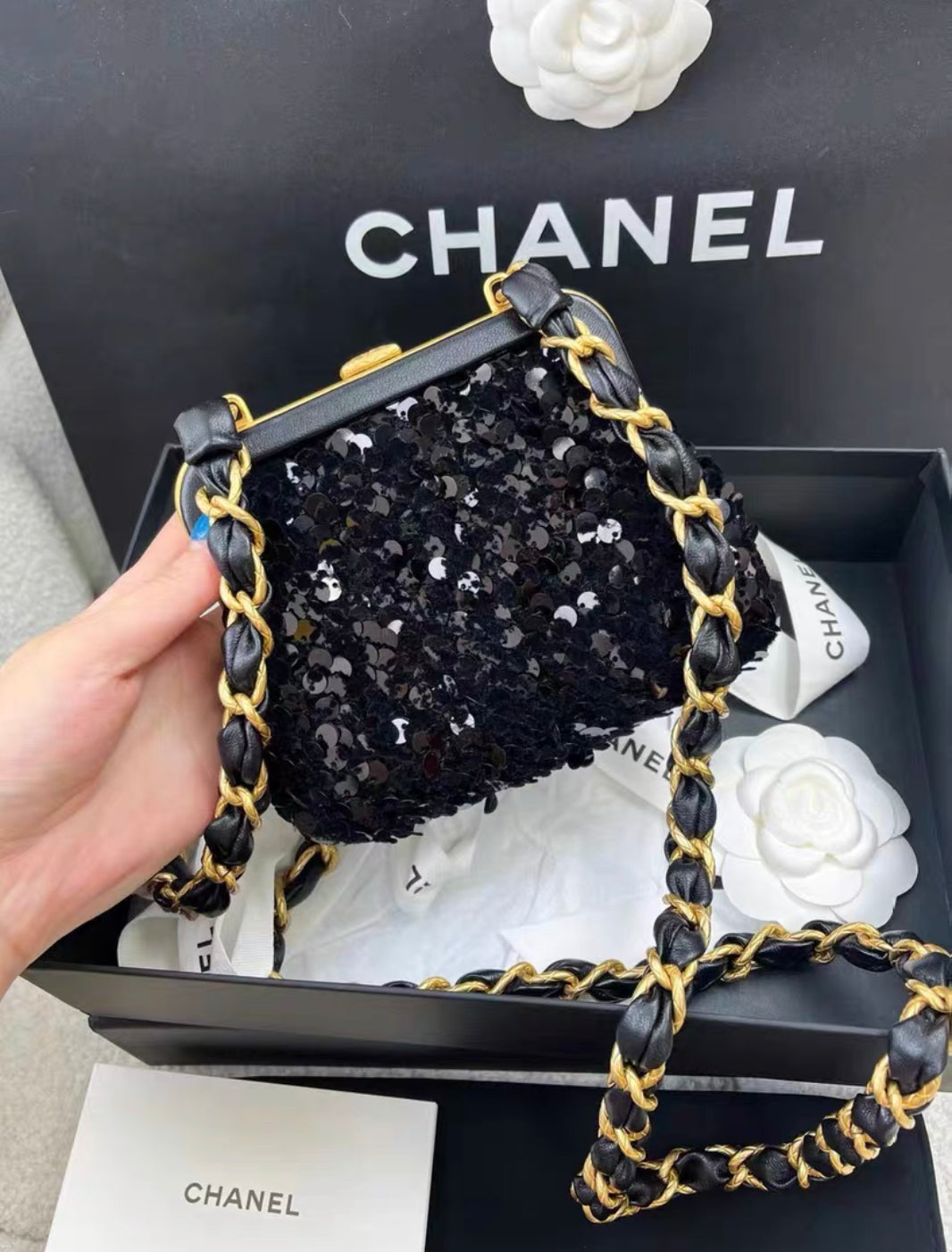 Chanel Metiers dArt 24A Black Sequin tweed Evening Mini Clutch Bag With Bow