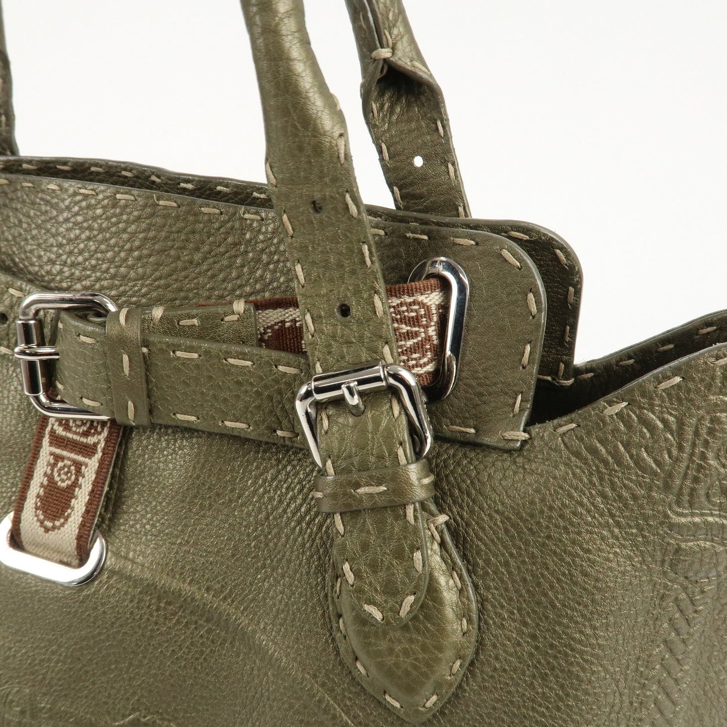FENDI Selleria Leather Tote Bag Shoulder Bag Khaki 8BN155