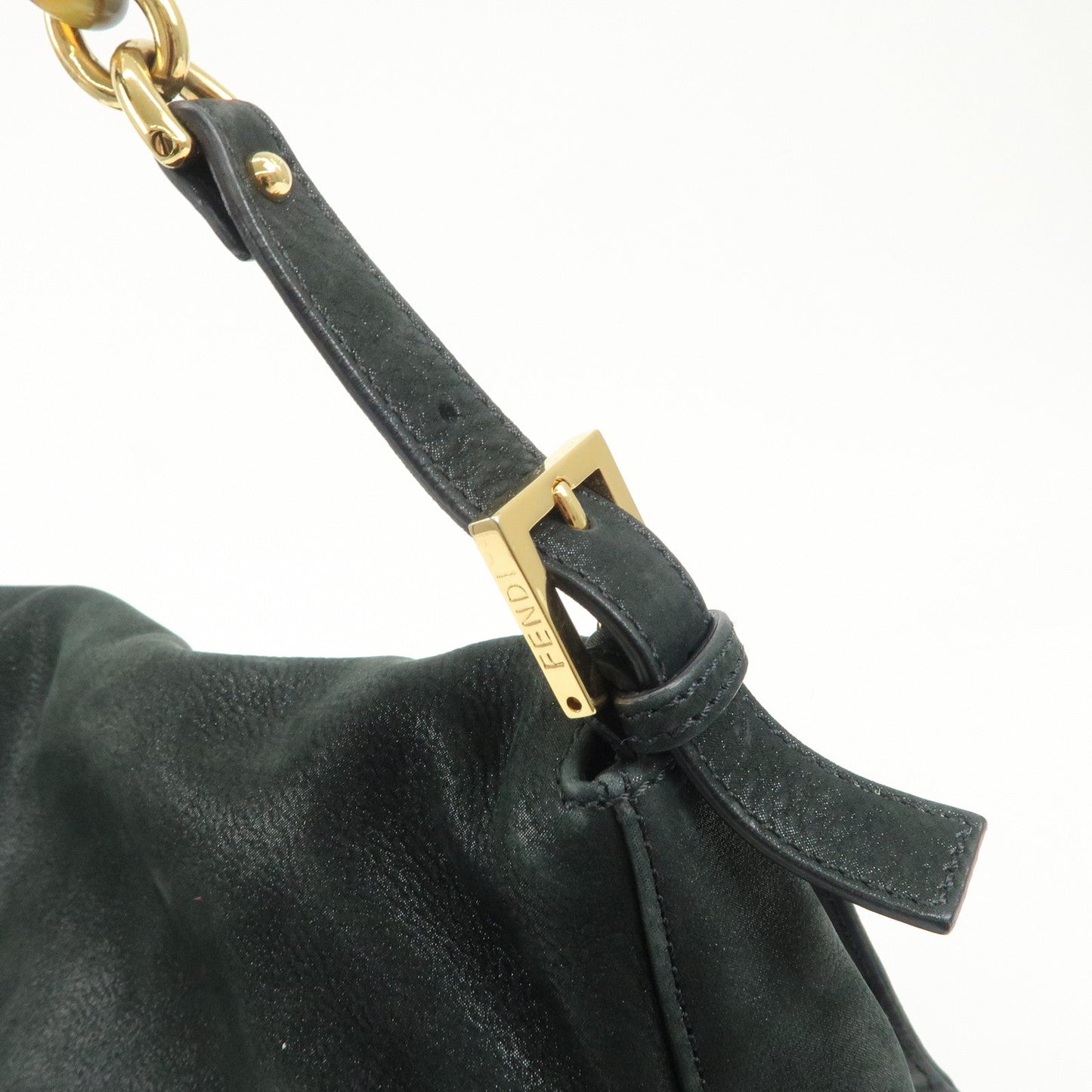 FENDI Mamma Baguette Leather Chain Shoulder Bag Gold Black 8BR638