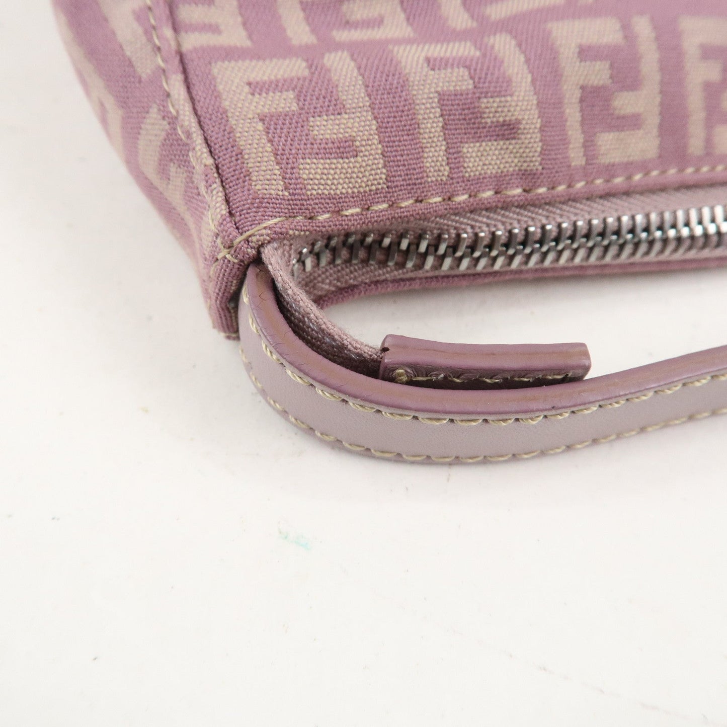 Auth FENDI  Zucchino Canvas Leather Hand Bag Pouch Purple Beige 8N0005  F/S