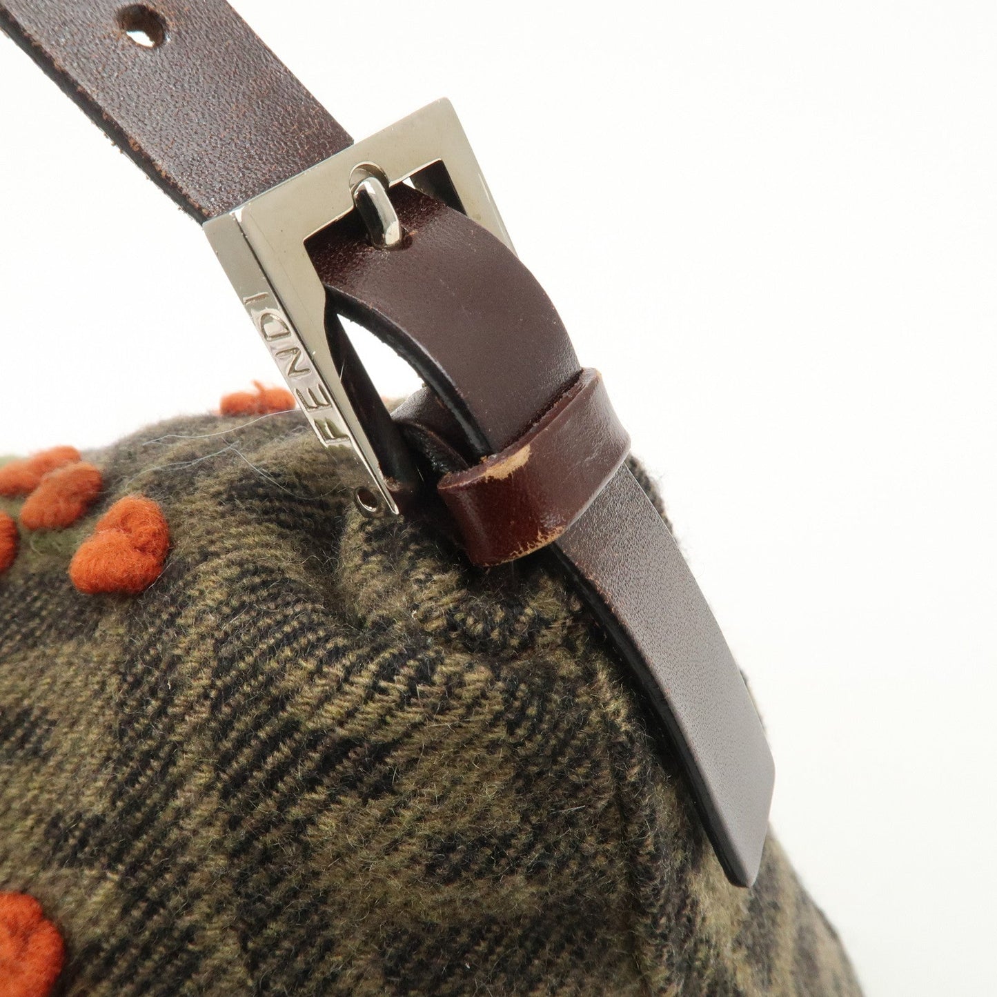 FENDI Mamma Baguette Wool Leather Shoulder Bag Tree Motif Khaki