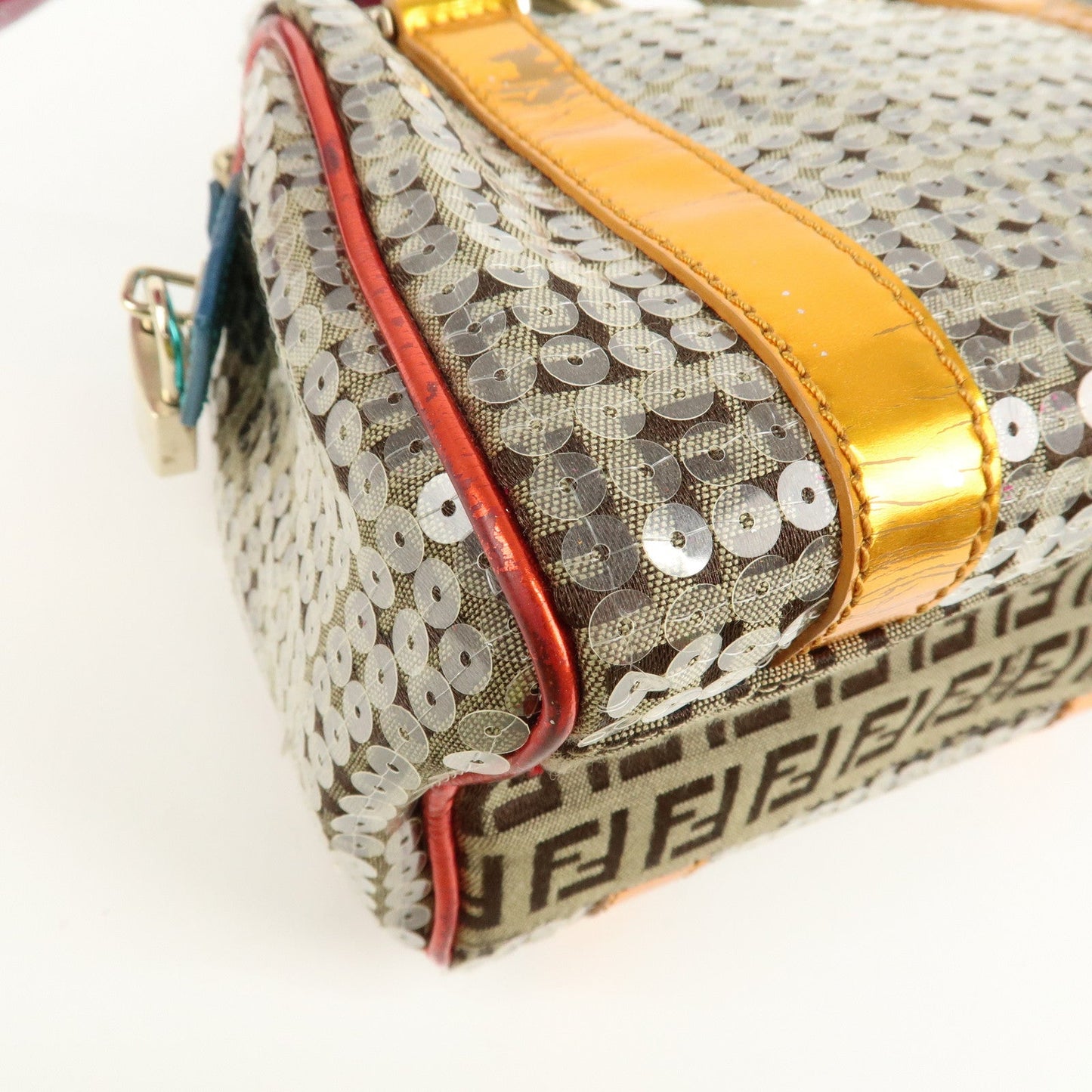 FENDI Zucchino Flip Sequin Canvas Patent Leather Boston Bag 8BL071