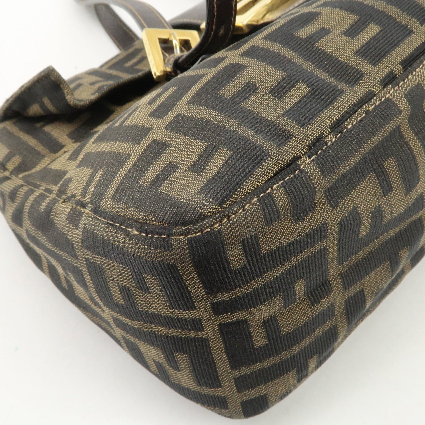 FENDI Zucca Canvas Leather Hand Bag Brown Black Gold Hardware
