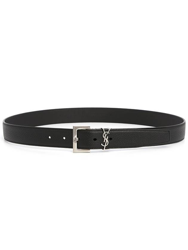 Luxury Saint Laurent Trending 2025 Grained Leather Silver Monogram Belt Black