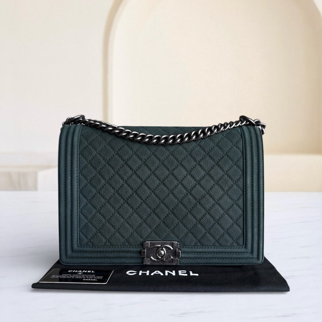 Chanel Boy Large - 30CM Quilted Caviar Green Silver Hardware Series 18
