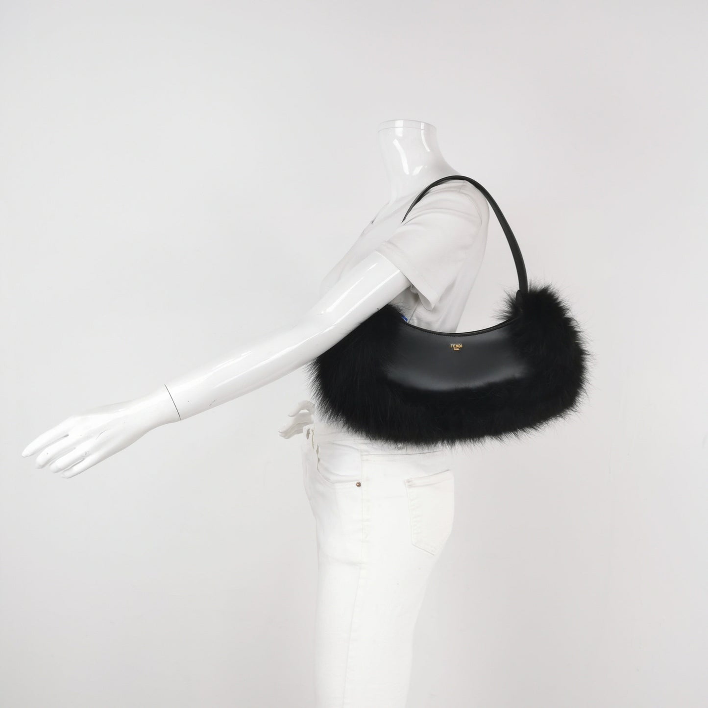 FENDI O Lock Black Leather and Faux Fur Shoulder Bag