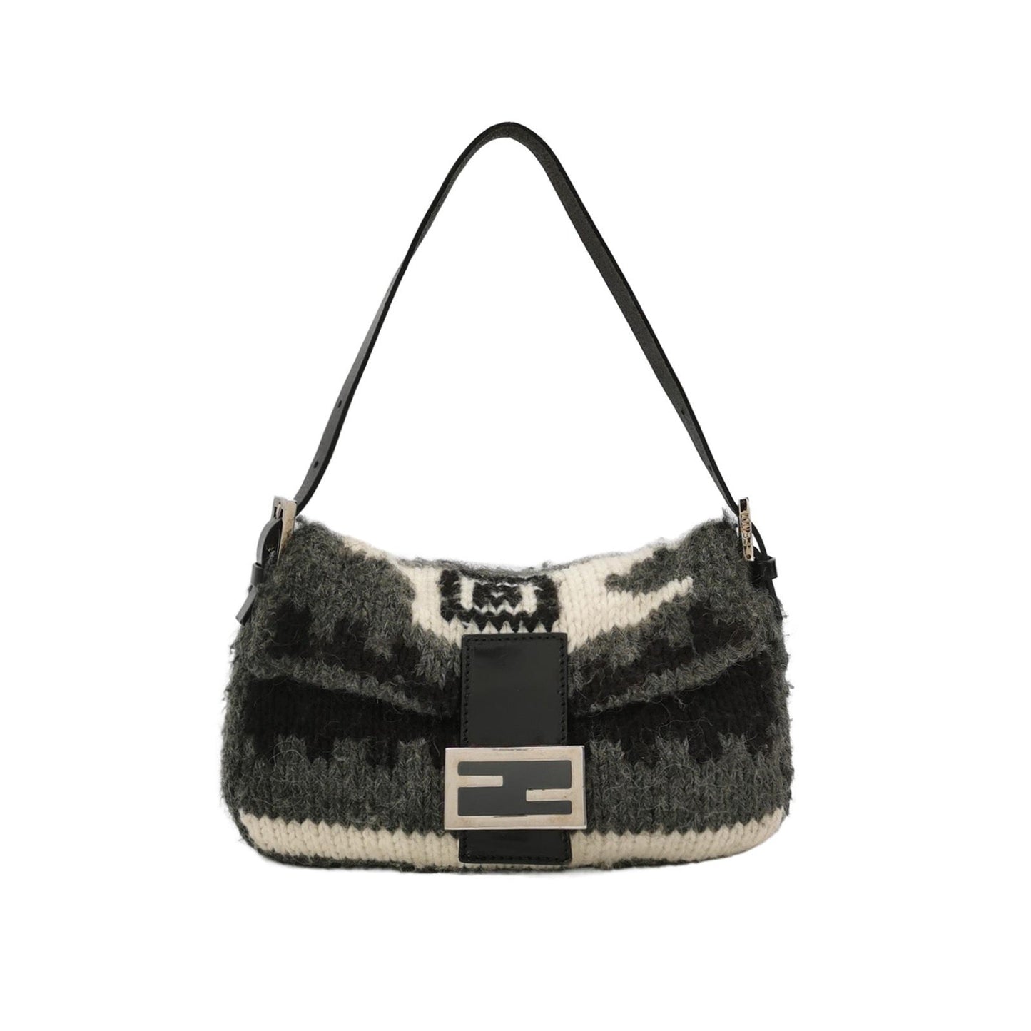 Fendi Baguette Bag Grey and White Wool Knit Shoulder Bag