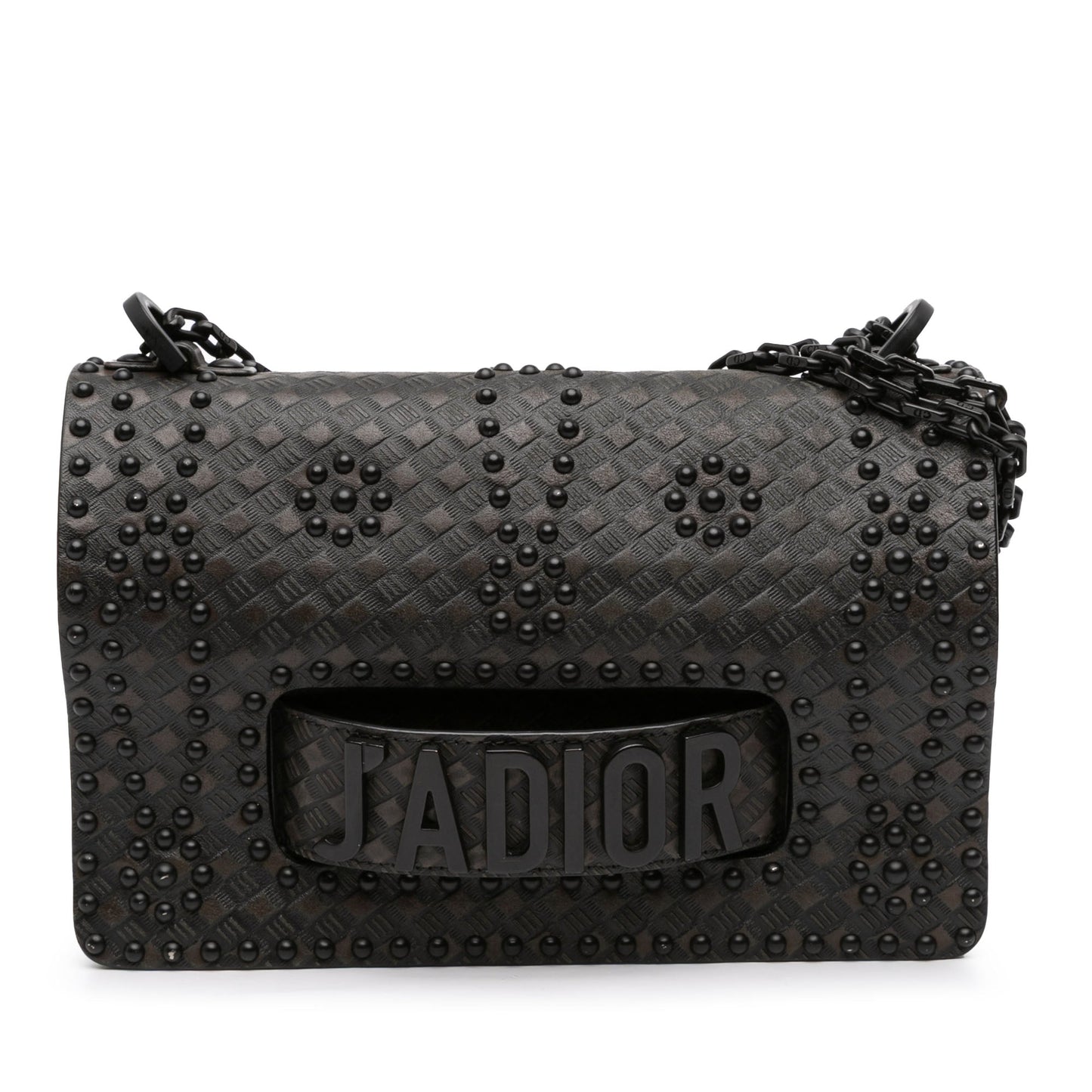 Black Dior Medium Embossed Calfskin Studded JAdior Chain Flap Shoulder Bag