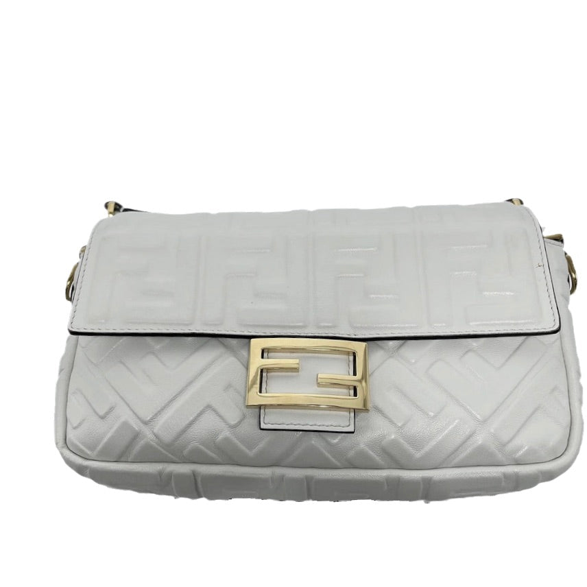 FENDI Baguette White Leather 3D FF Motif Crossbody