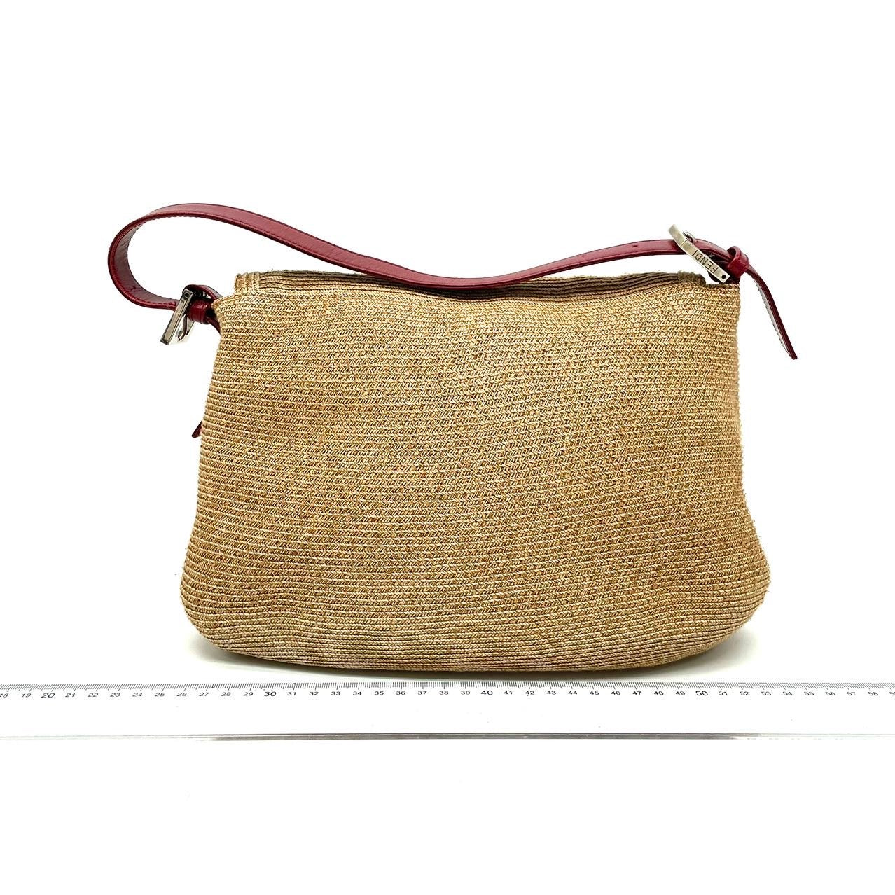 Fendi Mamma Baguette Raffia Straw Shoulder Bag Red Leather Strap