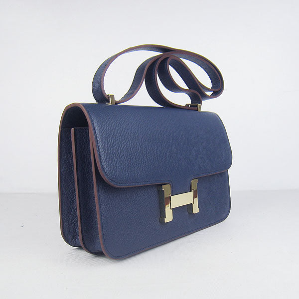 Luxury Hermes Calf Leather Message Bag H020 Dark Blue Golden