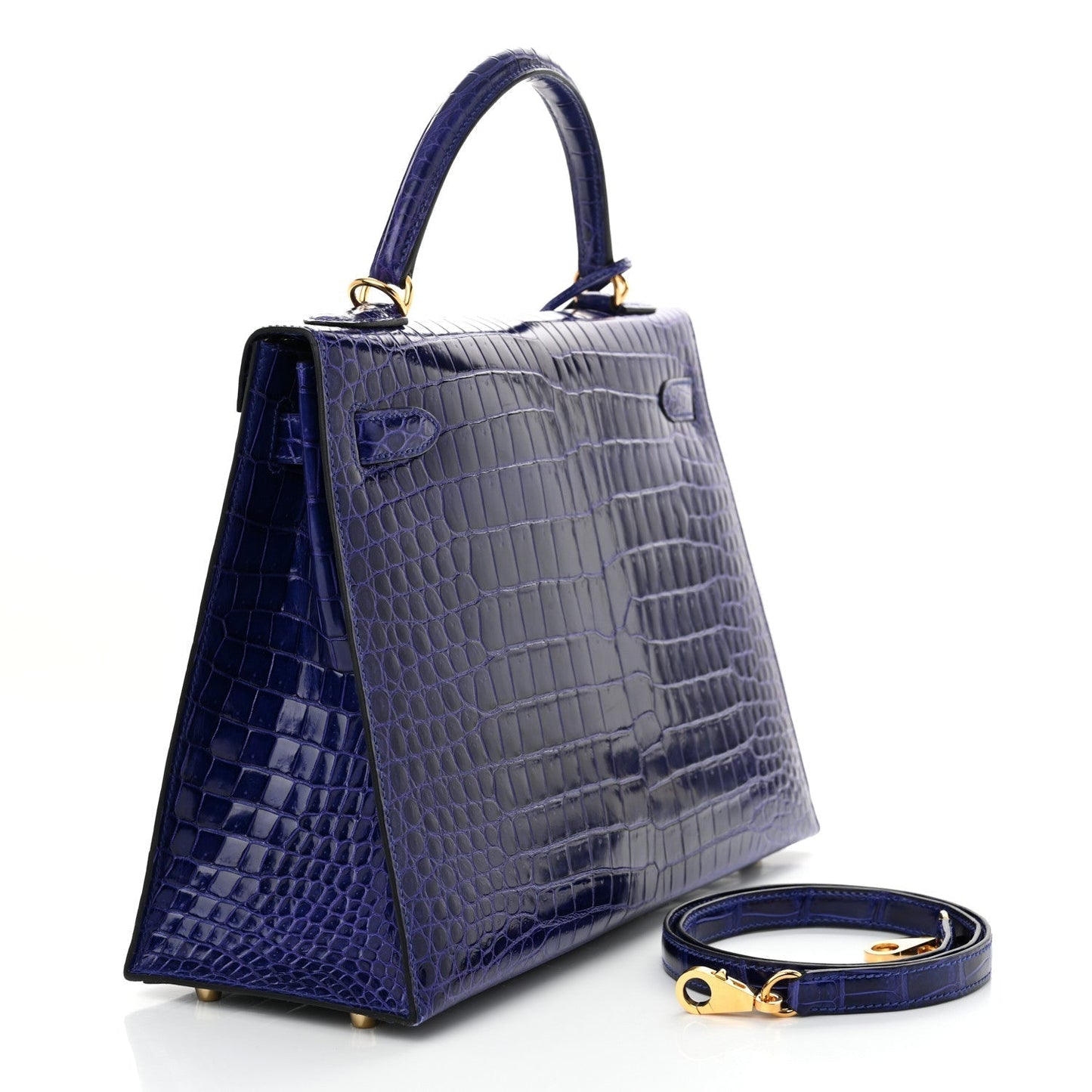 Hermes Shiny Porosus Crocodile Kelly Sellier 32 Bleu Electrique