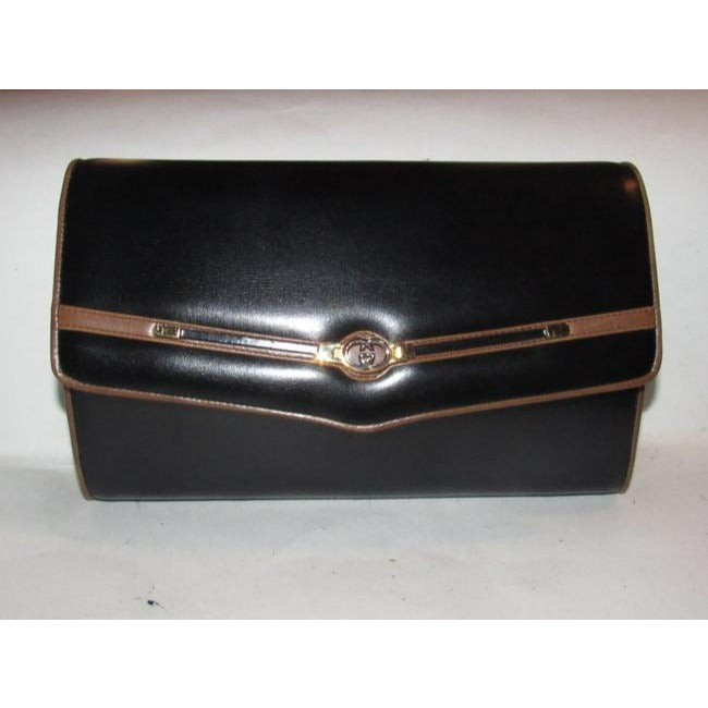 Gucci Vintage Pursesdesigner Purses Glossy Black Leather With Brown Leather Trim And Gold Equestrian