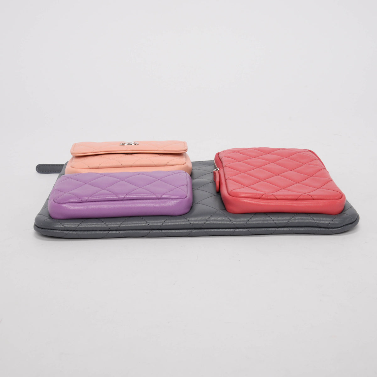 Chanel Grey Quilted Lambskin O-Case Multi Pouch Clutch