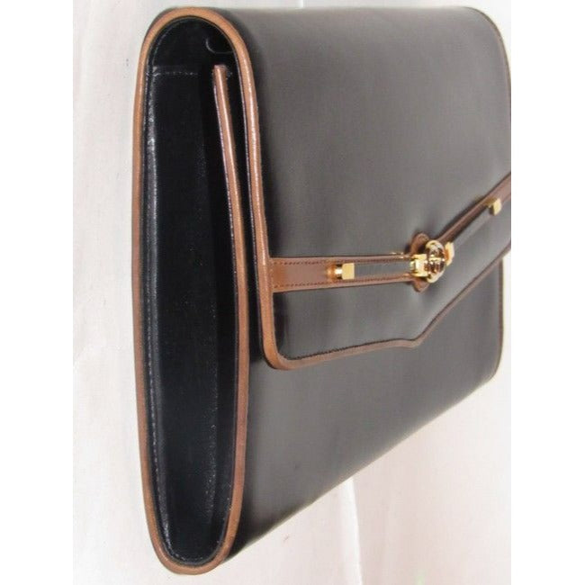 Gucci Vintage Pursesdesigner Purses Glossy Black Leather With Brown Leather Trim And Gold Equestrian