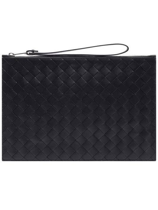 Luxury Bottega Veneta Intrecciato Strap Large Clutch Bag Black