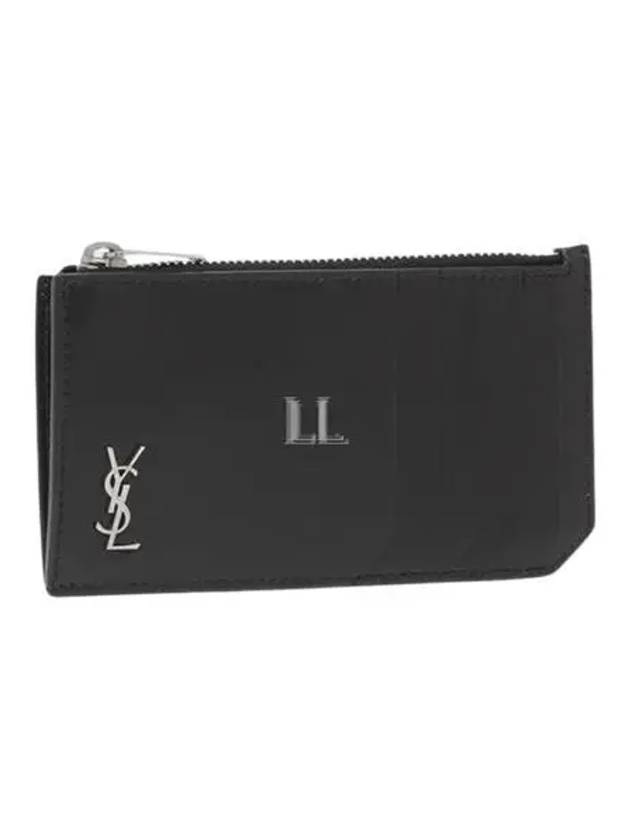 Luxury Saint Laurent Trending 2025 Tiny Cassandre Fragments Silver Hardware Leather Zipper Card Wallet Black