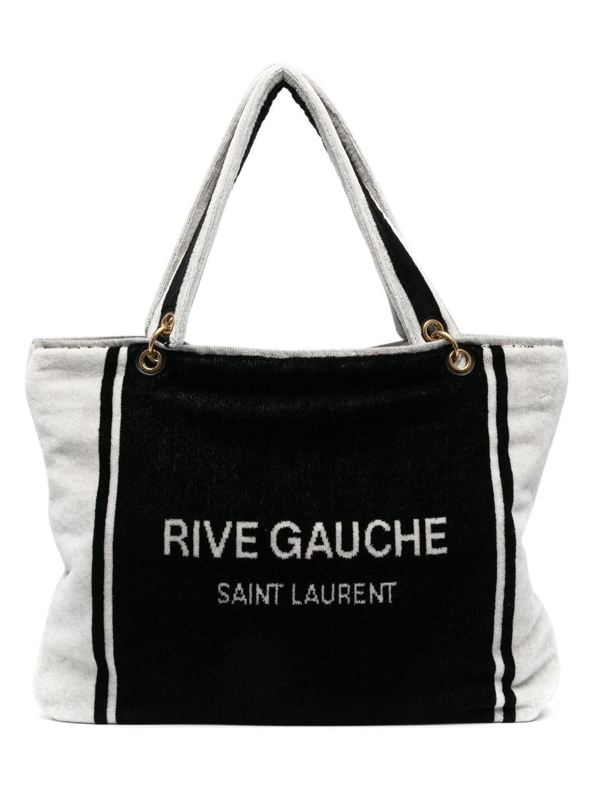 Luxury Saint Laurent Trending 2025 Women's Rive Gauche Tote In And White Terry Cloth in Black | 735067FABKR