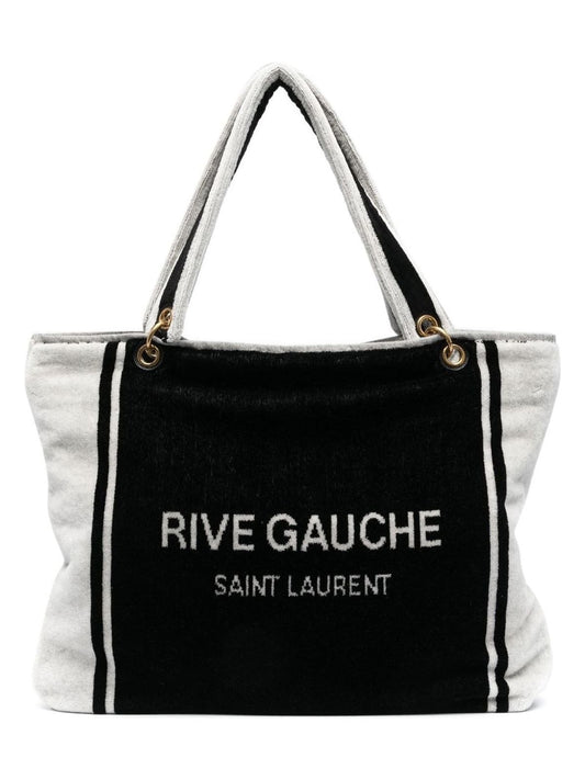 Luxury Saint Laurent Trending 2025 Women's Rive Gauche Tote In And White Terry Cloth in Black | 735067FABKR