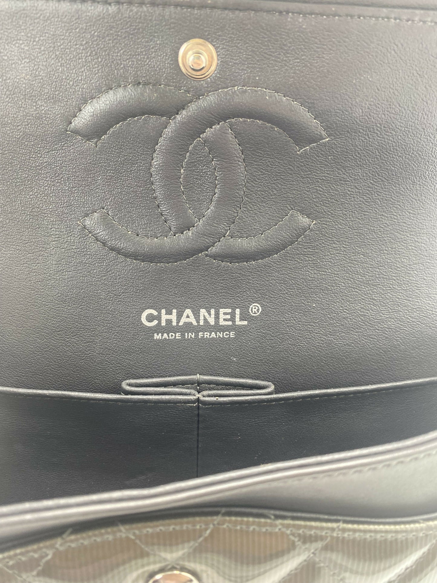 Chanel Medium Dark Green Straited Patent Leather Double Flap Timeless Classic Bag SHW