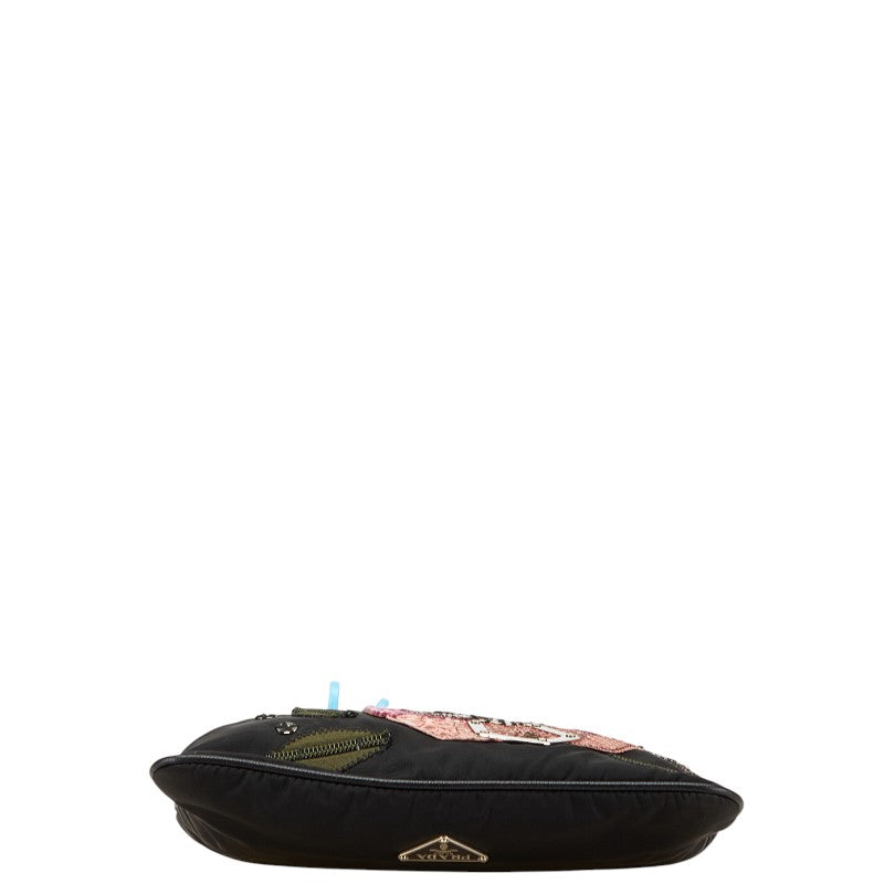 Prada Triangle Logo Flower Embroidery Nylon Python Shoulder Bag