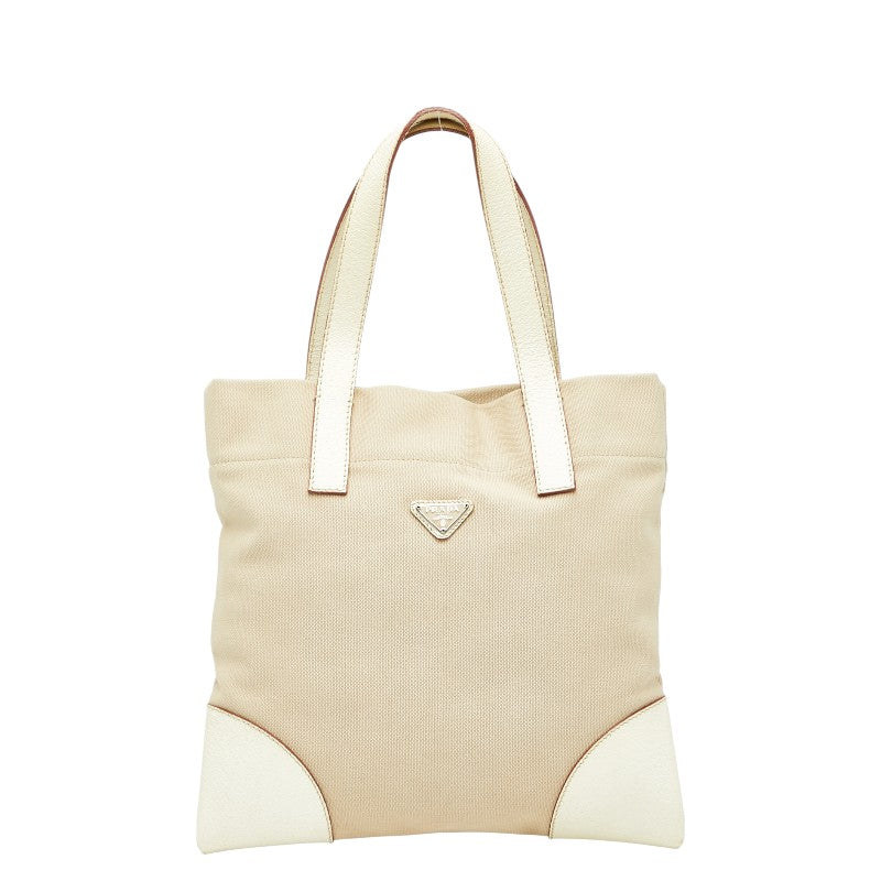Prada Triangle Logo Canvas Leather Tote Bag
