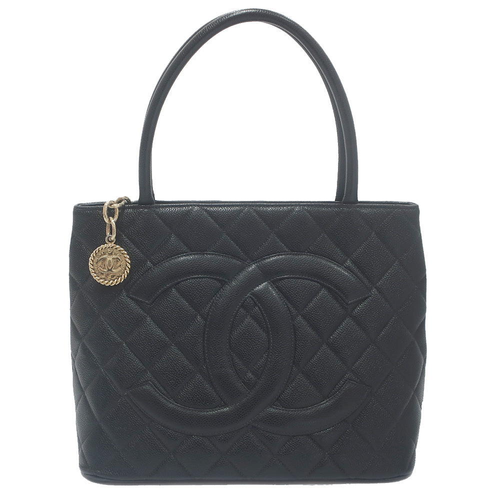 Chanel Tote Bag Caviar Skin Black Gold Metal Fittings